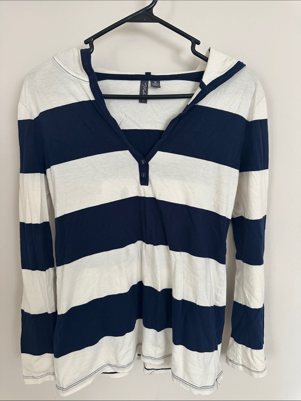 Madison Striped Navy and White Hooded Long-Sleeve Top- M